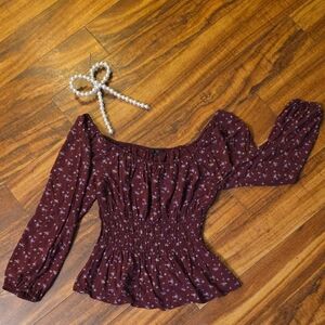 American Eagle Outfitters Maroon Floral Smocked Off-Shoulder Top